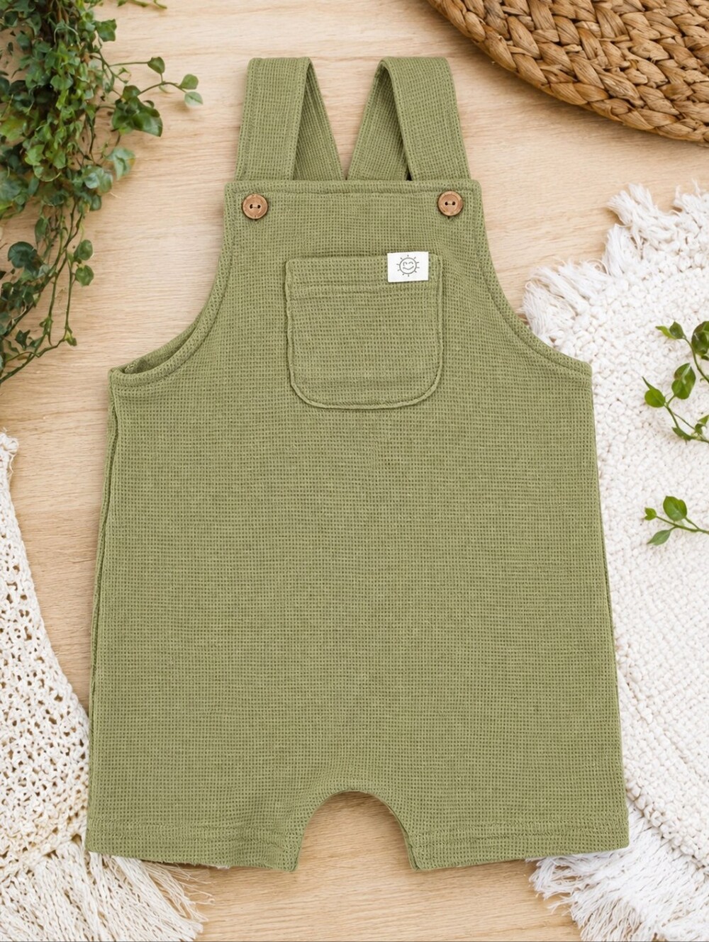 🌿 H&M Baby Olive Green Waffle Knit Romper – 9M